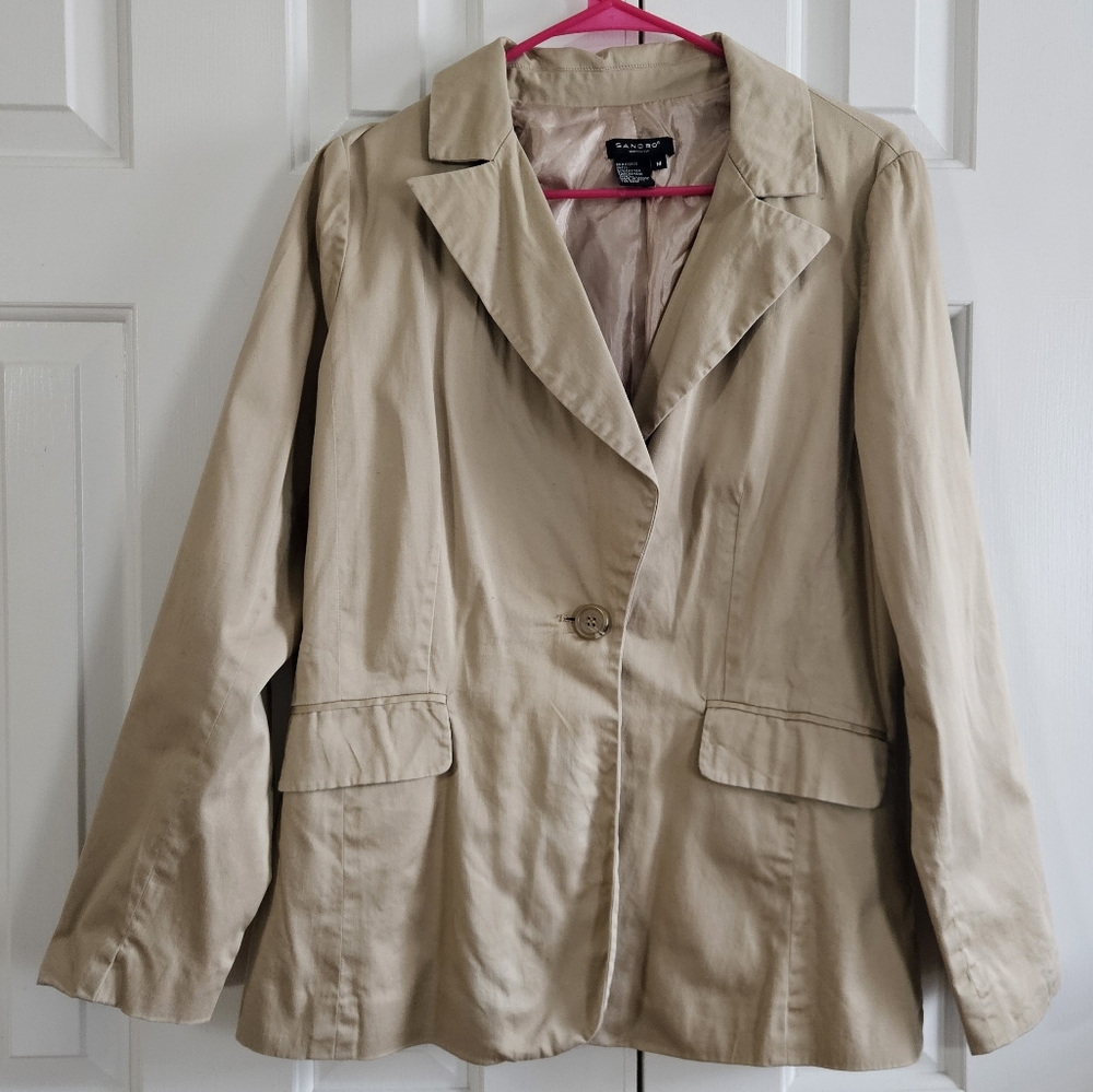 Sandro Womens Jacket Blazer M Khaki one button Neutral Office Classic Cotton